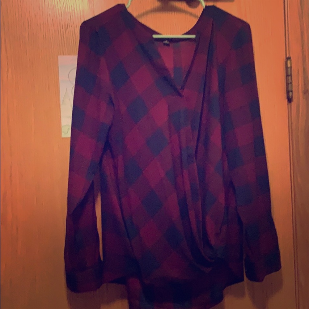 Ann Taylor plaid surplice blouse